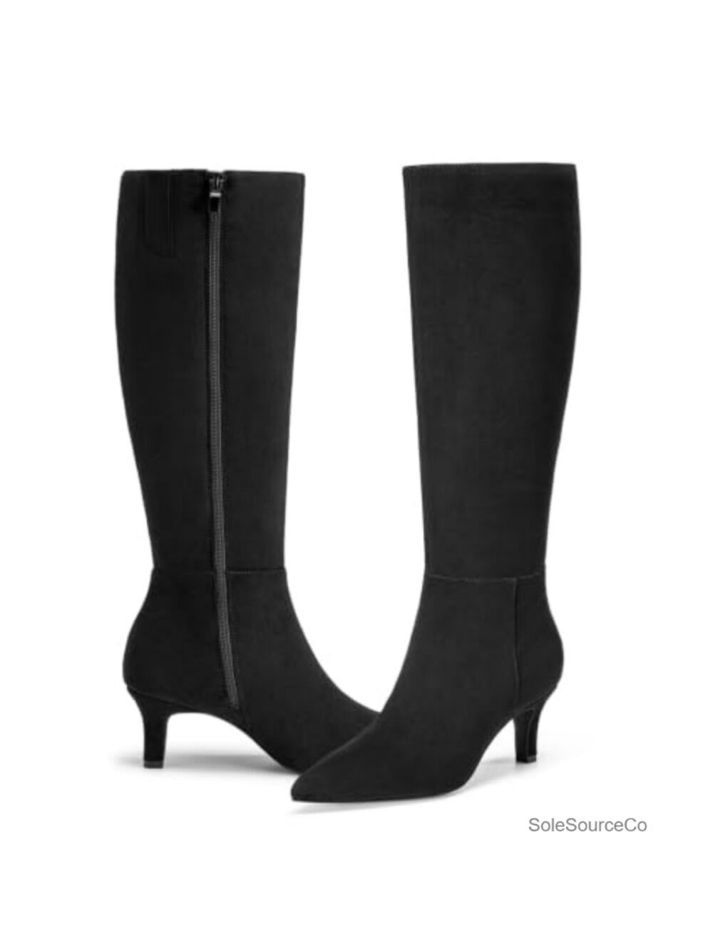 Kitten Heel Knee High Boots Pointed Toe Side Zipper Faux Suede - Picture 4 of 6
